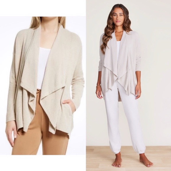 BAREFOOT DREAMS Cozy Chic Ultra Lite Shawl Pointelle Cardigan in Cream Stone S/M - Picture 1 of 13